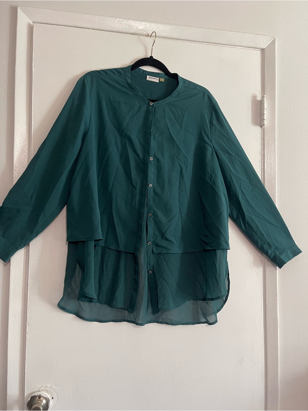 DKNYC Teal Layered Sheer Button-Down Blouse